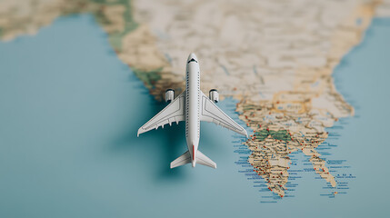 Toy airplane on a map, suggesting travel planning and destinations.  Focus on aviation and exploring the world.  Dream of your next getaway!