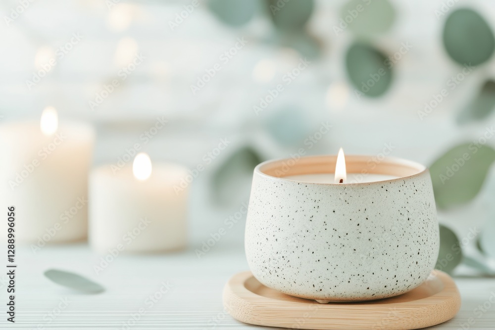Poster relaxing atmosphere created by a lit candle in a natural setting with soft glowing lights and greene