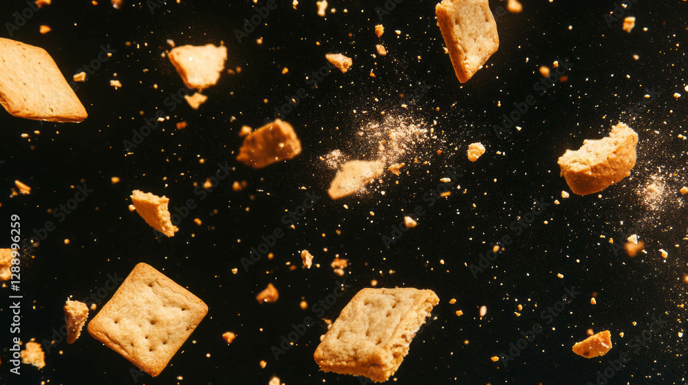 Poster floating cookie crumbs and golden brown snacks on dark background for creative design