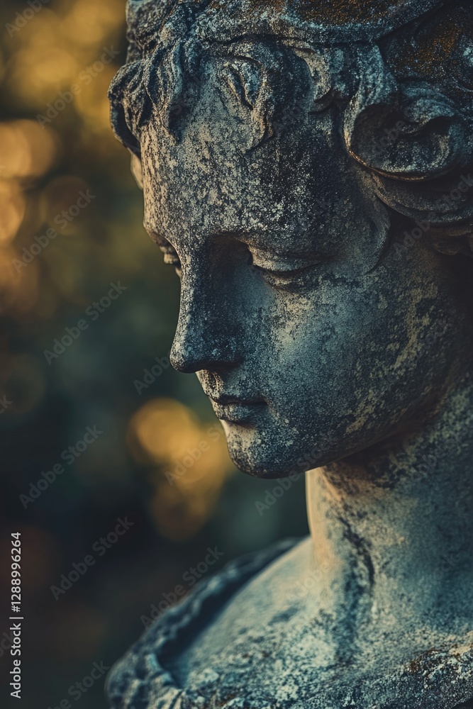 Poster a detailed view of a woman's face on a statue, suitable for use in historical or artistic contexts
