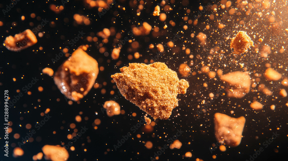Poster Floating cookie crumbs and glowing light particles for background design