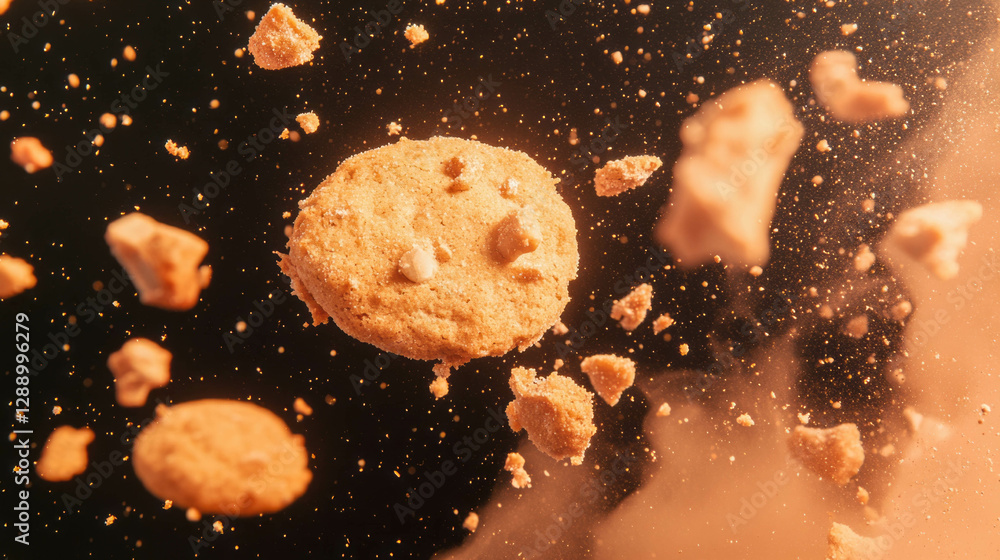 Poster floating cookie crumbs in a warm light background for culinary design