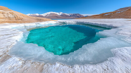Turquoise lake, frozen, mountain backdrop, winter landscape, travel photography