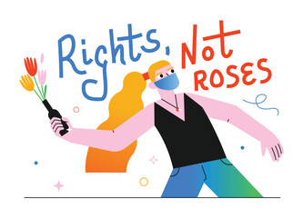 A woman throws a Molotov cocktail, but instead of fire, flowers. 