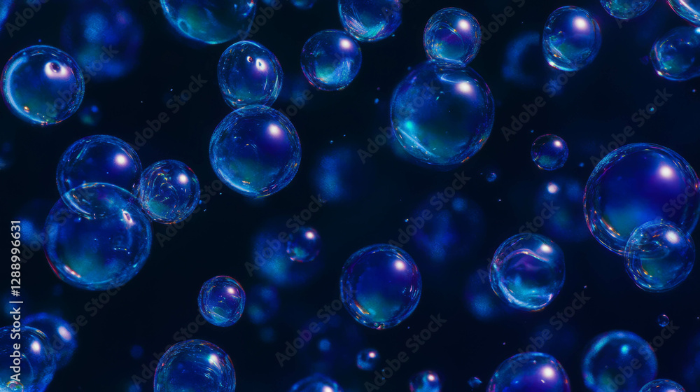 Poster Ethereal blue spheres floating in dark background for abstract design