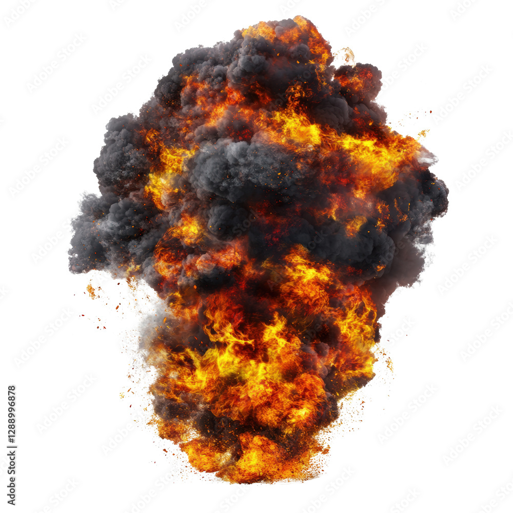 Poster large explosion creating black and orange smoke clouds in a dramatic display of fire and energy isol