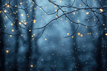 Enchanted winter scene with snow falling softly, illuminated by warm fairy lights strung on bare branches against a dark, blurred forest background