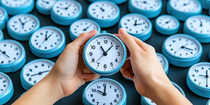 Child hands hold clock, many clocks background, time management concept