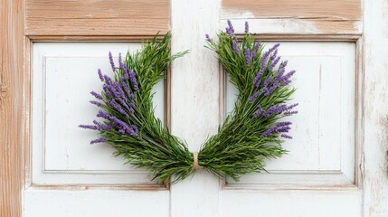 Lavender wreath on weathered white door