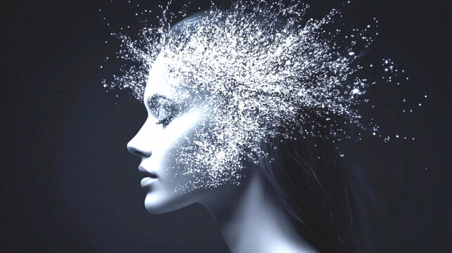 Profile of Woman with Glowing White Particles Exploding from Head, Dark Background
