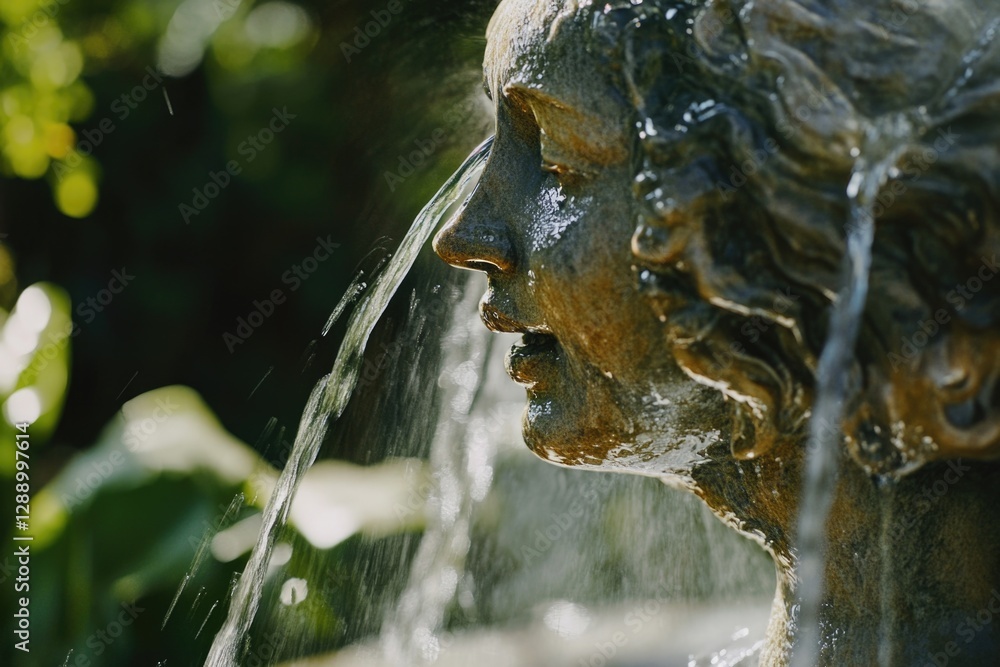 Aufkleber A detailed view of a statue with water flowing from its base, suitable for use in various contexts such as architecture, design, or decorative purposes