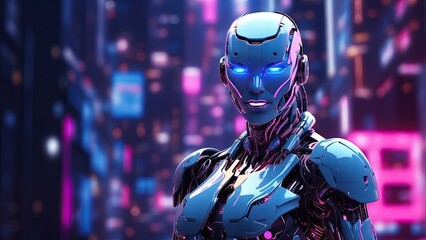 Fototapeta premium A small futuristic robot with a square head and glowing blue and pink eyes stands on a glowing circuit board against a dark background.