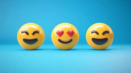 Three cheerful yellow emoji spheres on a bright blue background showcasing joy and love through expressive eyes and smiles, capturing digital emotion and fun.