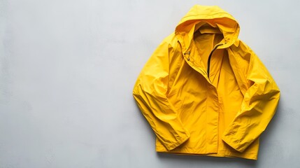 A bright yellow raincoat folded neatly on a light grey background with space for text digital