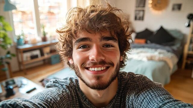 Beaming selfie: A young man with a bright, cheerful smile takes a selfie in his cozy bedroom, bathed in natural light from the nearby window, creating a warm and inviting atmosphere.