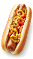 Delicious looking fully dressed hot dog on white background
