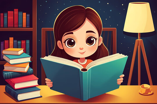 Cozy Illustration of a Girl Reading a Large Book - Quiet Study Room with Bookshelf, Warm Lamp Light and Night Sky Background