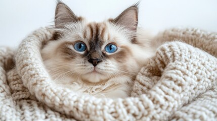 Obraz premium Adorable Fluffy Cat with Blue Eyes Snuggled in a Cream Knit Blanket