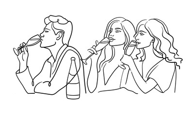 Man and 2 girls drink, continious line art on white background. Hands toasting with wine glasses with drinks. Cheers toast festive decoration for holidays. Vector illustration