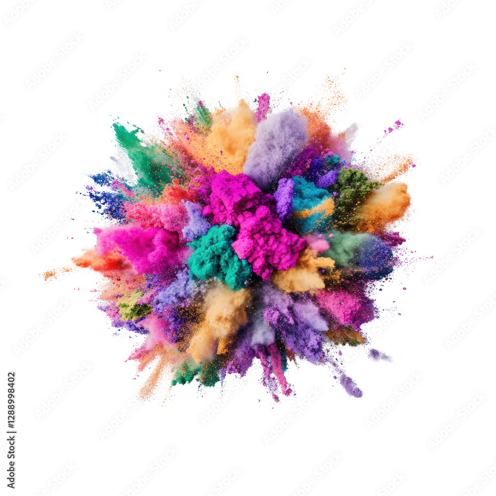 Poster colorful explosion of powder in air creating vibrant abstract patterns on a dark background isolated