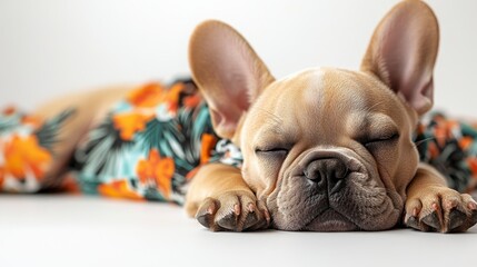 Fototapeta premium Adorable French Bulldog Puppy Sleeping in Tropical Shirt on White Background