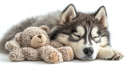 Fototapeta premium Adorable Husky Puppy Sleeping with Teddy Bear on White Background