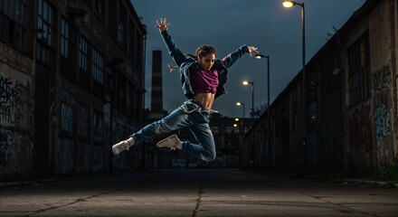 Dancer performing street dance with energy at night in urban alleyway, International Dance Day