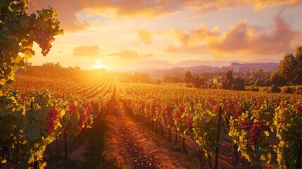 Serene Vineyard Landscape at Sunset with Vibrant Grapes and Golden Sky in Calm Countryside