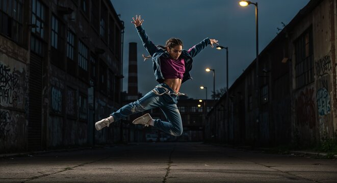 Dancer performing street dance with energy at night in urban alleyway, International Dance Day - Powered by Adobe