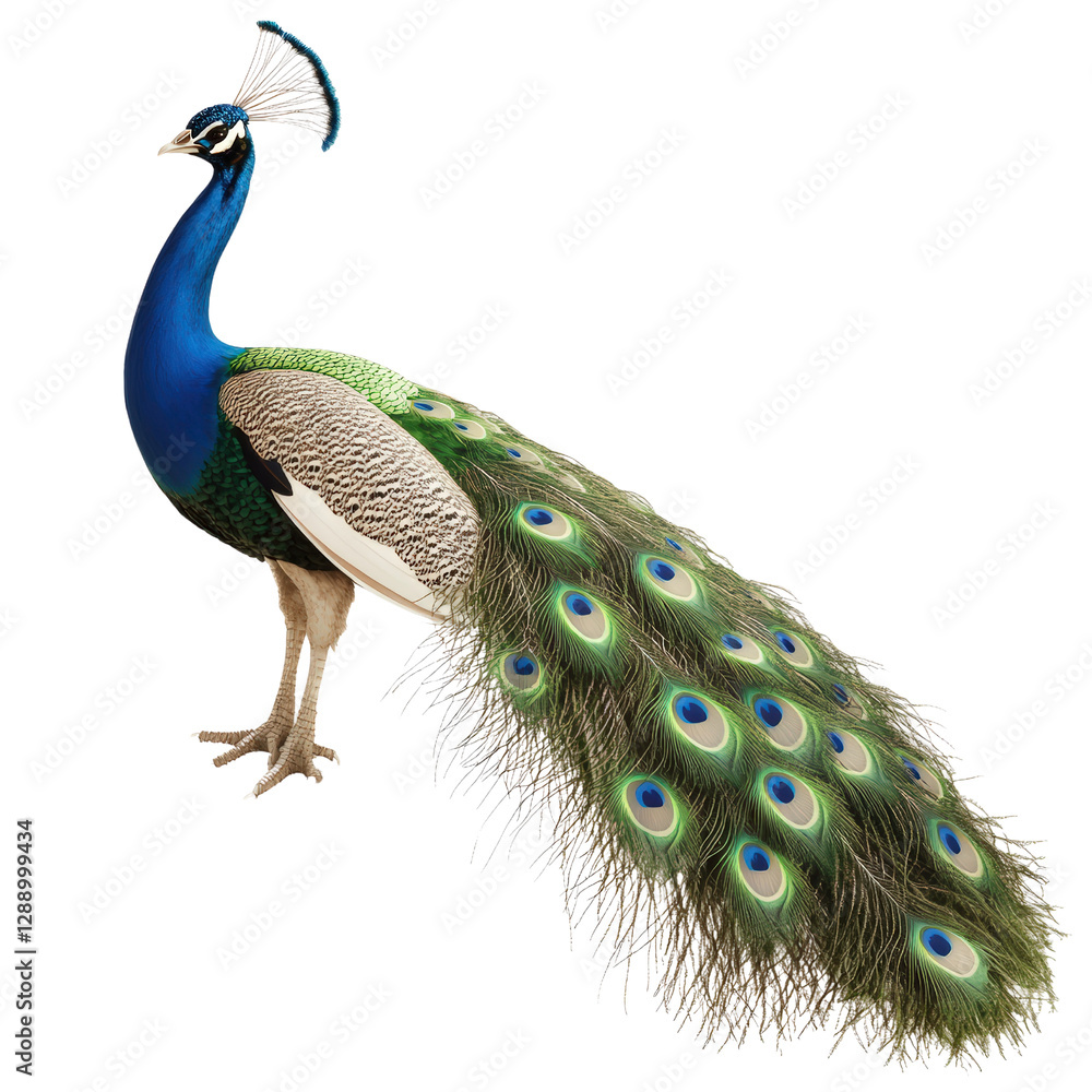 Poster peacock displaying its vibrant tail feathers in a natural setting with blurred background isolated o
