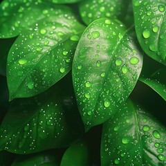 Lush green leaves adorned with glistening droplets create refres