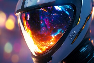 Futuristic space helmet reflecting nebula galaxy light