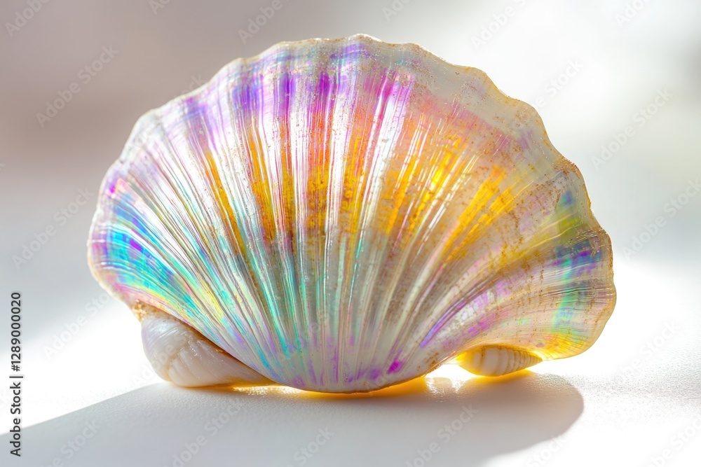Poster A vibrant shell sitting atop a white table surface, great for decorating and adding a pop of color to any room or setting