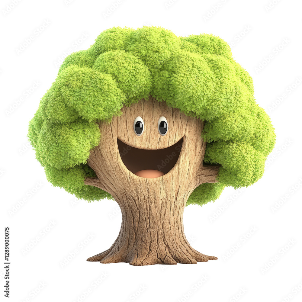Poster tree with a smiling face in a natural outdoor setting with clear blue sky and green foliage isolated
