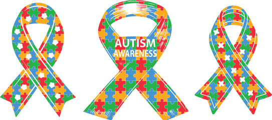 Print Isolated puzzle vector Ribbon background for world autism awareness day, heart, ribbon icon design template set. World autism day colorful love frame design bundle