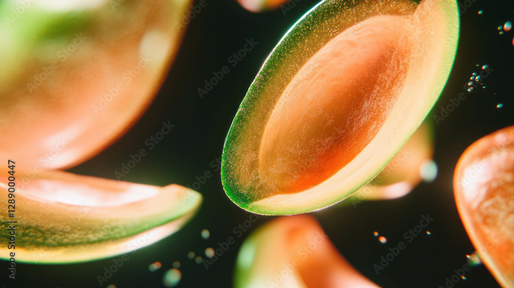 Poster fresh avocado halves floating on green background for organic design concepts