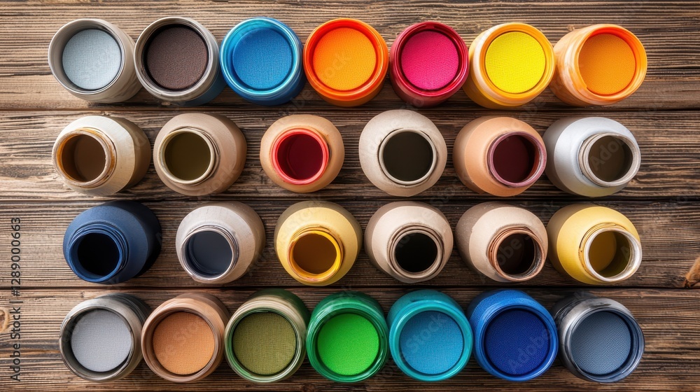 Poster a colorful array of paint pots arranged on a wooden surface, showcasing a vibrant selection of hues 