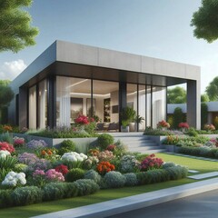 Modern house surrounded by vibrant garden blooms in a serene neighborhood setting during daylight