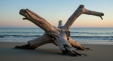 Weathered driftwood sculpture on tranquil beach at sunset