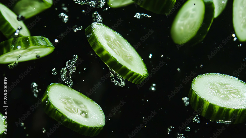 Poster Fresh cucumber slices with water droplets floating on dark background for organic design