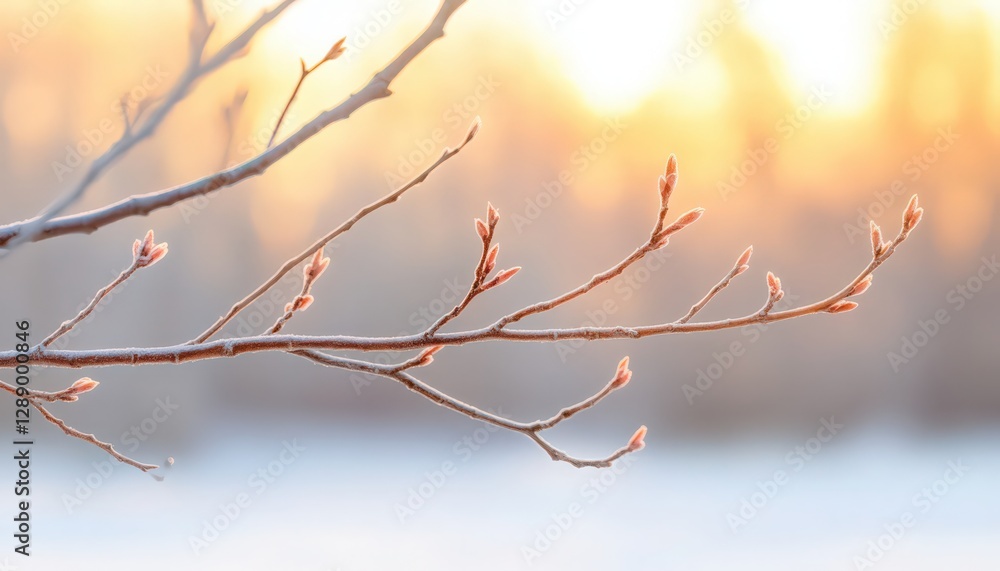 Aufkleber close-up of a frost-covered tree branch with tiny buds, set against a blurred background of a snowy 