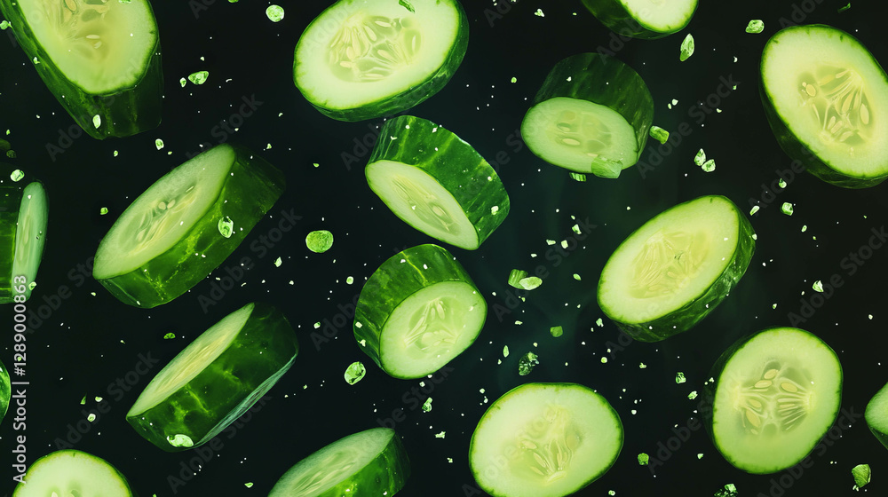 Poster Fresh sliced cucumber patterns with floating green elements for health and diet themes