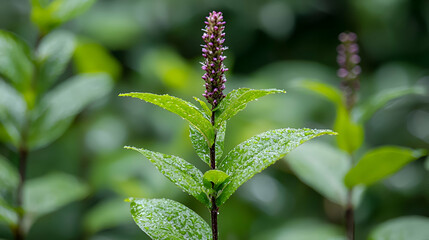 Close Up of Dew Covered Purple Flower and Green Leaves