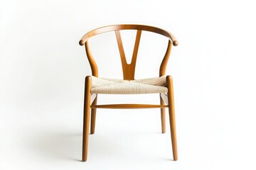 Fototapeta premium A classic wooden dining chair with a woven seat, natural wood finish, isolated on a clean white backdrop