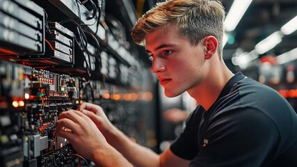 A focused technician meticulously examines intricate circuitry in a server room, highlighting technology, precision, IT infrastructure, and network maintenance.