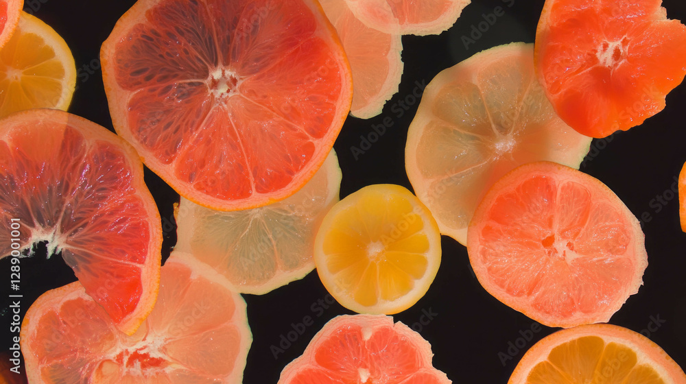 Poster vibrant floating citrus slices on dark background for fresh summer design