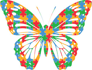 Isolated puzzle vector Butterfly background for world autism awareness day, heart, ribbon icon design template set. World autism day colorful love frame design bundle