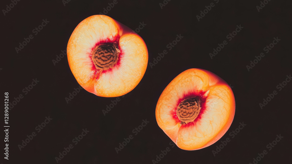 Poster vibrant background of halved peaches and oranges in bold contrast for design