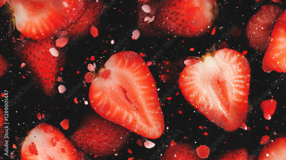 Poster fresh halved strawberries amid floating red elements for vibrant background design
