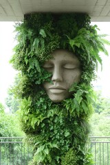 Sculpture blends human features with lush greenery, symbolizing